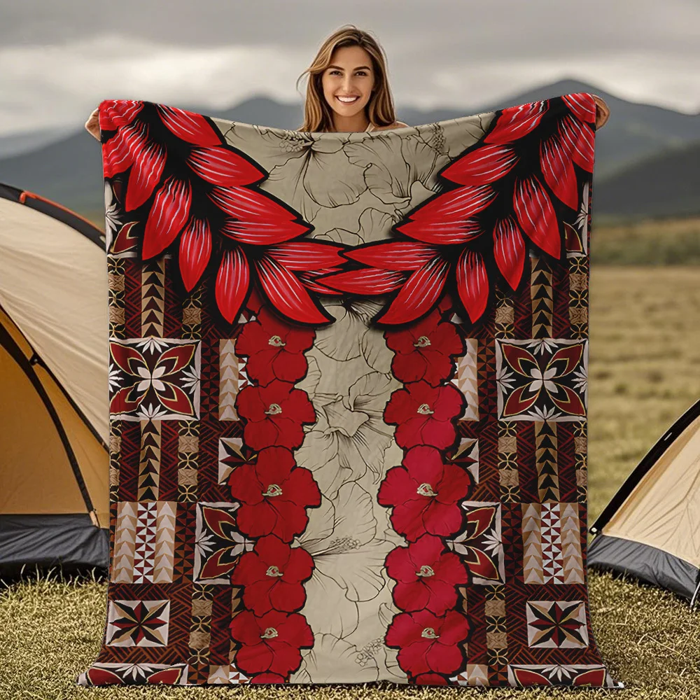 Custom Red Hibiscus Blanket Polynesian Tribal Pattern Personalized Name Fleece Throw All Season Soft Warm Bedding Home Decor