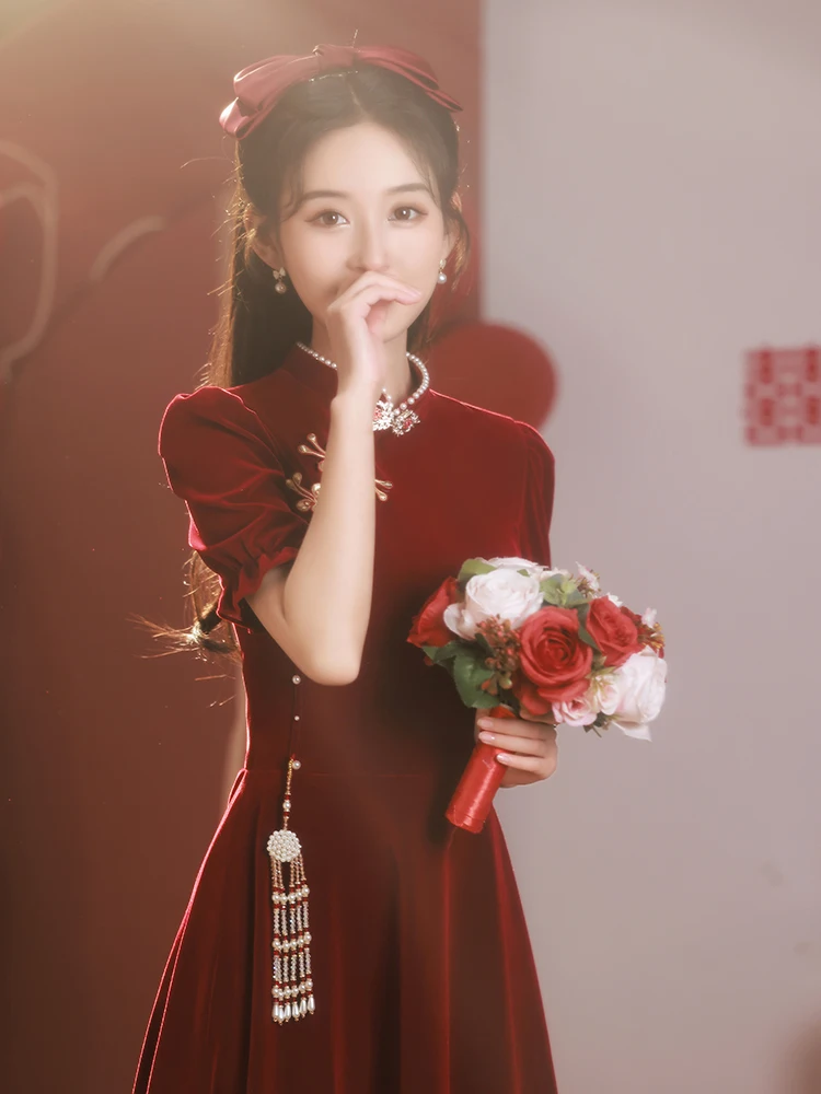 

Red Velvet Wedding Dr New Sle 2026 Engagement Ceremony Women's High-End Feeling Marriage Gown for ort Women