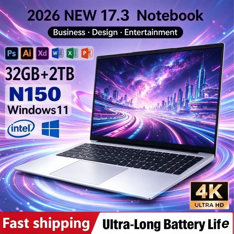 17.3 Inch Lightweight Laptop Intel N150 Win11 32GB RAM 2TB SSD FHD WiFi6 BT5.2 Fingerprint Unlock For Outdoor Mobile Office