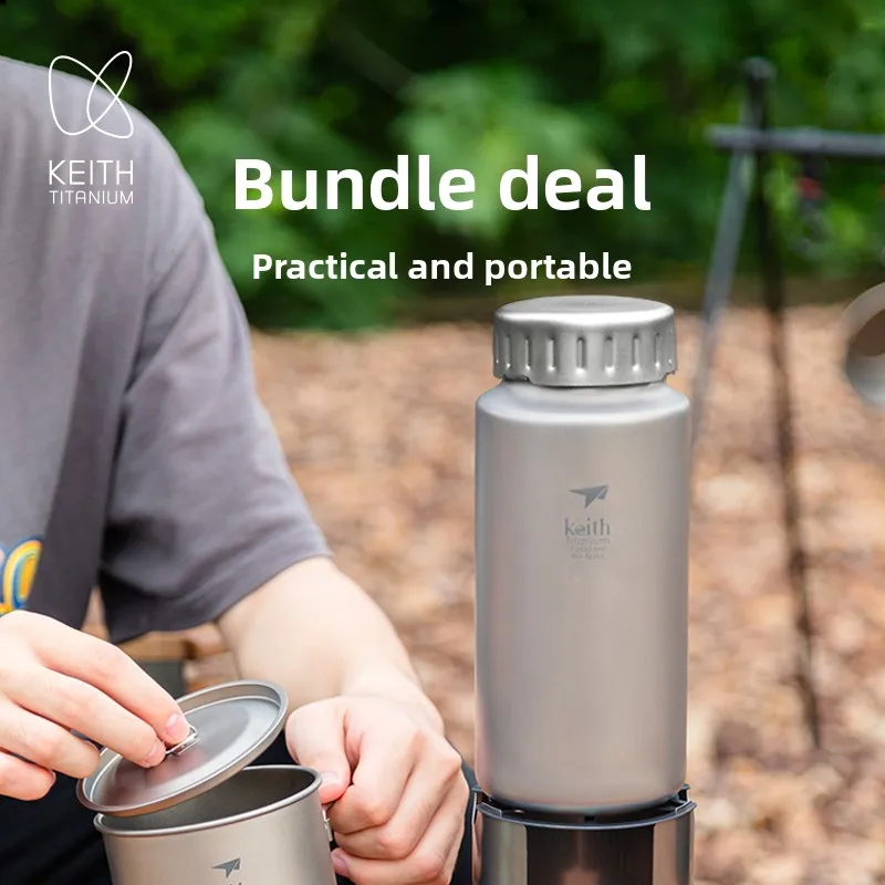 مجموعة تخييم تيتانيوم KEITH - كوب زجاجة تيتانيوم خفيف الوزن وخالي من البلاستيك وموقد خشبي مع حقيبة حمل من القماش #2