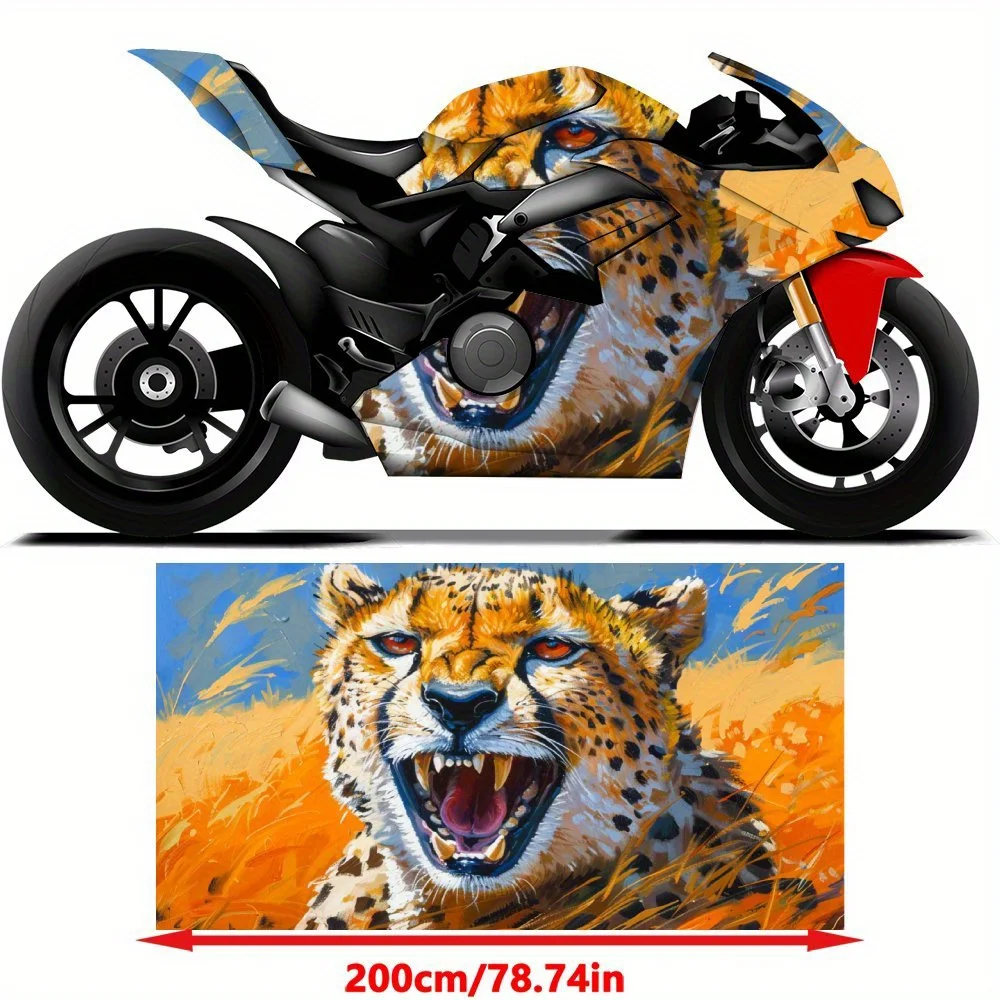 Cheetah Roars Wheat Field Motorcycle Self-Adhesive PVC Vinyl Wraps Sticker, Good-Looking Durable and Waterproof No Bubble Design
