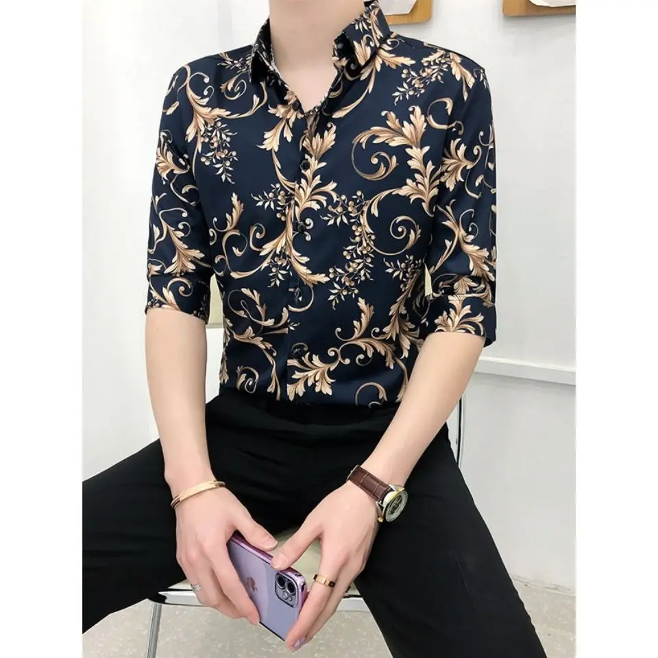 

Men's 2022 Spring Autumn New Casual Slim Fit Three Quarter Sleeves Tops Shirt Male Social Comfortable Printing Polo Shirts L167