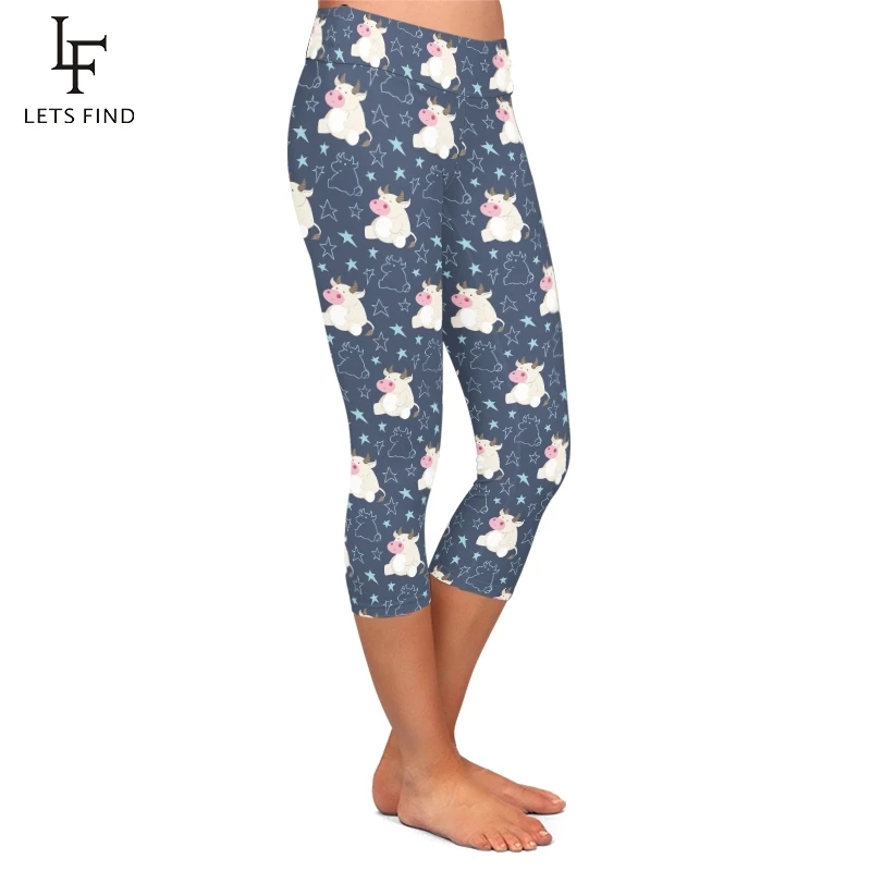 LETSFIND estate nuovo simpatico cartone animato mucca stampa donne elastico Capri Leggings vita alta Fitness Slim Leggings a metà polpaccio