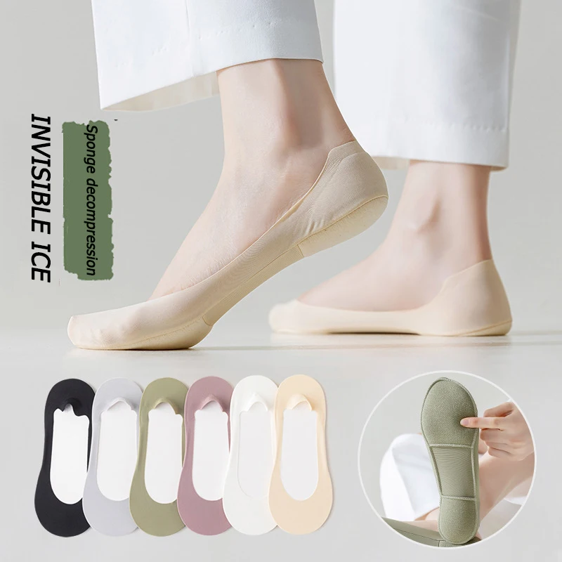 2Pairs Invisible Boat Socks Women Summer Silicone Non-Slip Socks for High Heels Shoes Ice Silk Thin Sock Sponge Shock Absorption