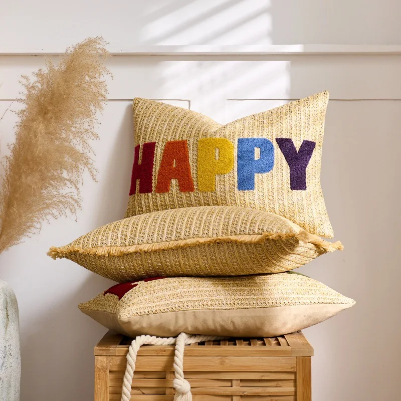 My Happy Home embroidered light yellow cushion cover woven pattern pillowcase sofa decoration