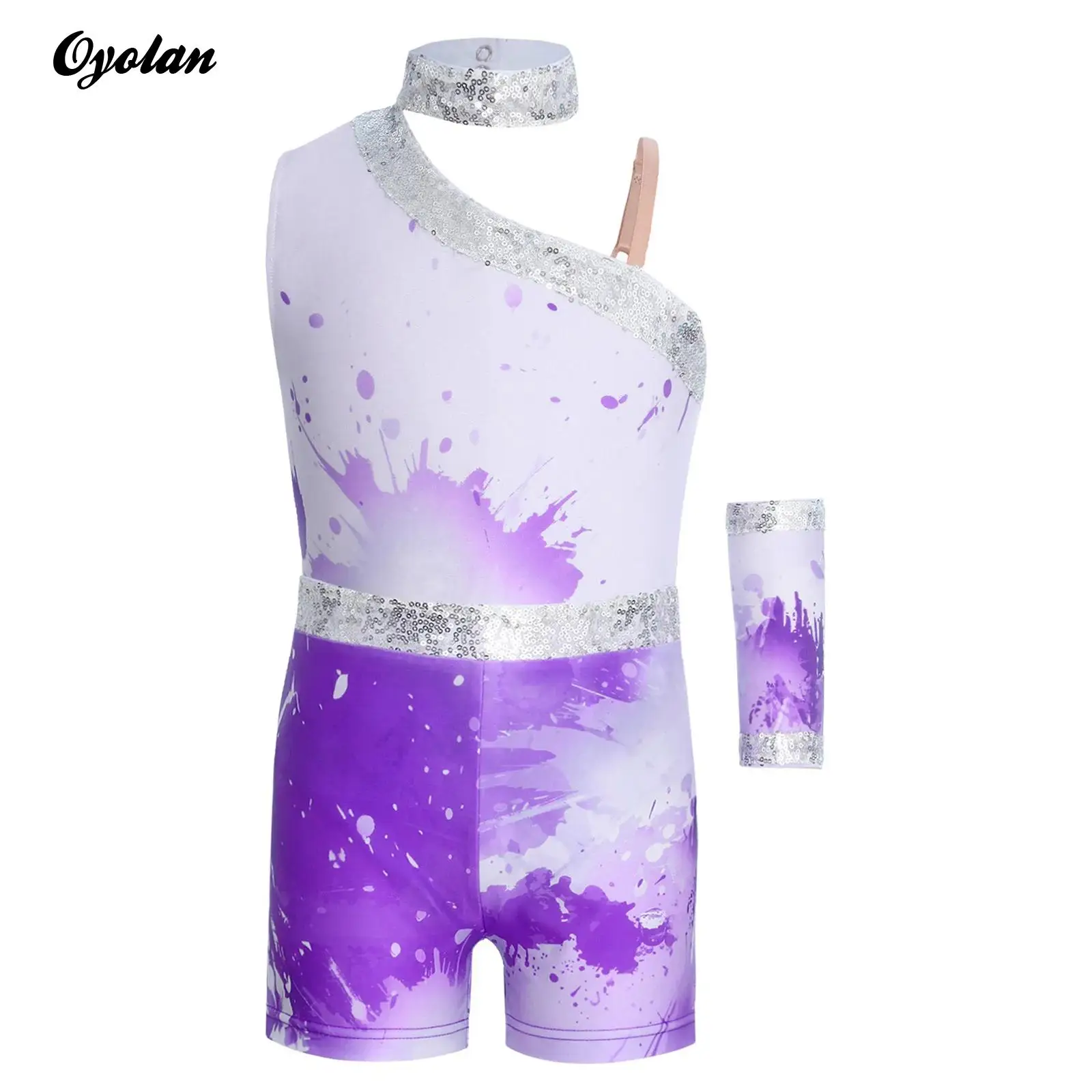 

Kids Girls Gymnastics Artistic Figure Skating Costumes Ballet Dance Performance Outfits Shiny Sequin Decor Bodysuit with Shorts
