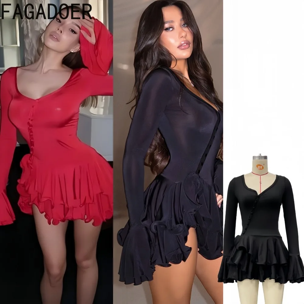 

FAGADOER Sexy Ruched Patchwork Bodycon Mini Dresses Women Solid Color Low-cut Flare Sleeve Dress Female Streetwear Vestidos New