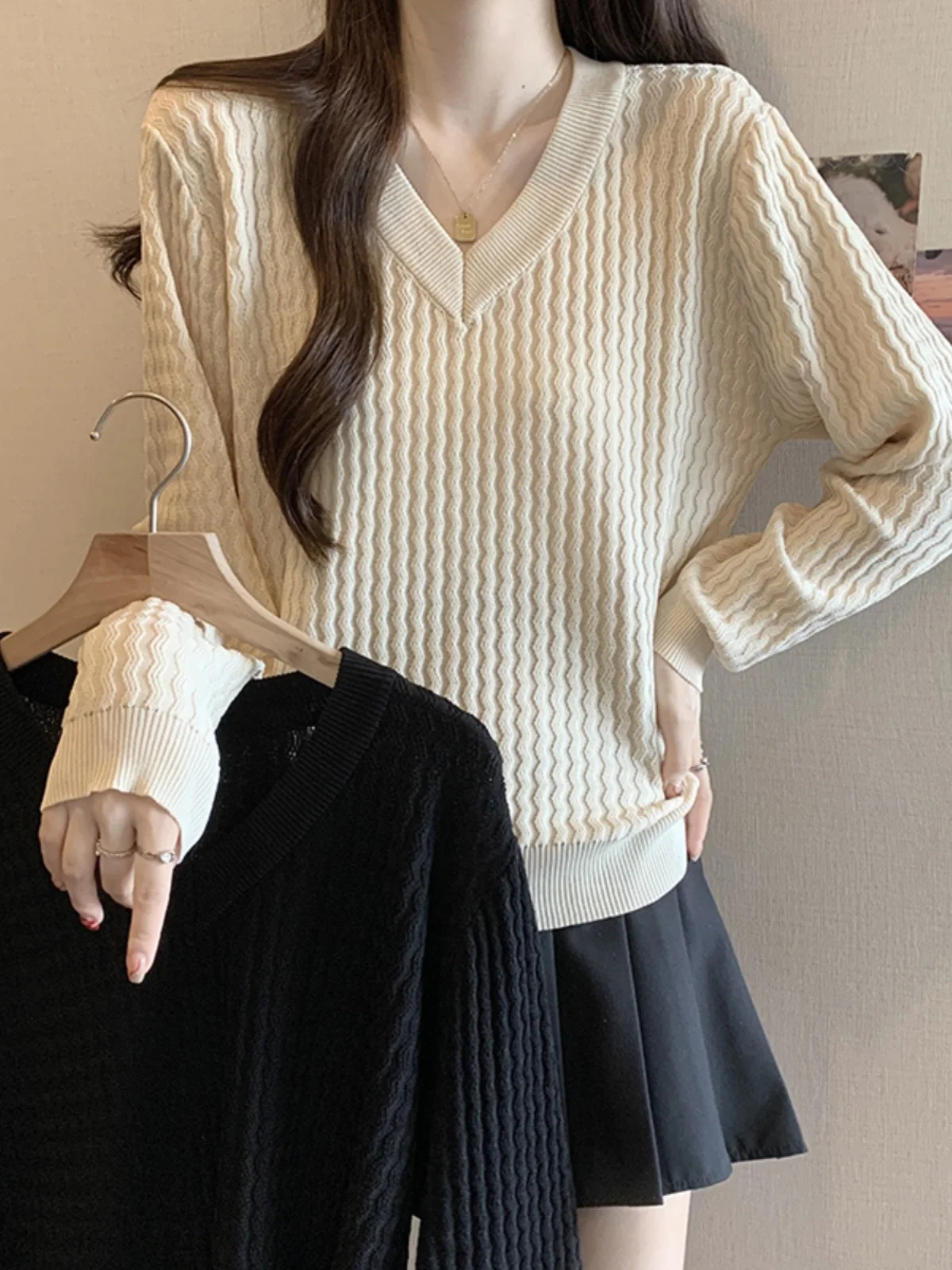 Suéter suelto de punto V-Ne para mujer Otoño Invierno Faion capa Base adelgazante irt coreano Sle largo Sve Color