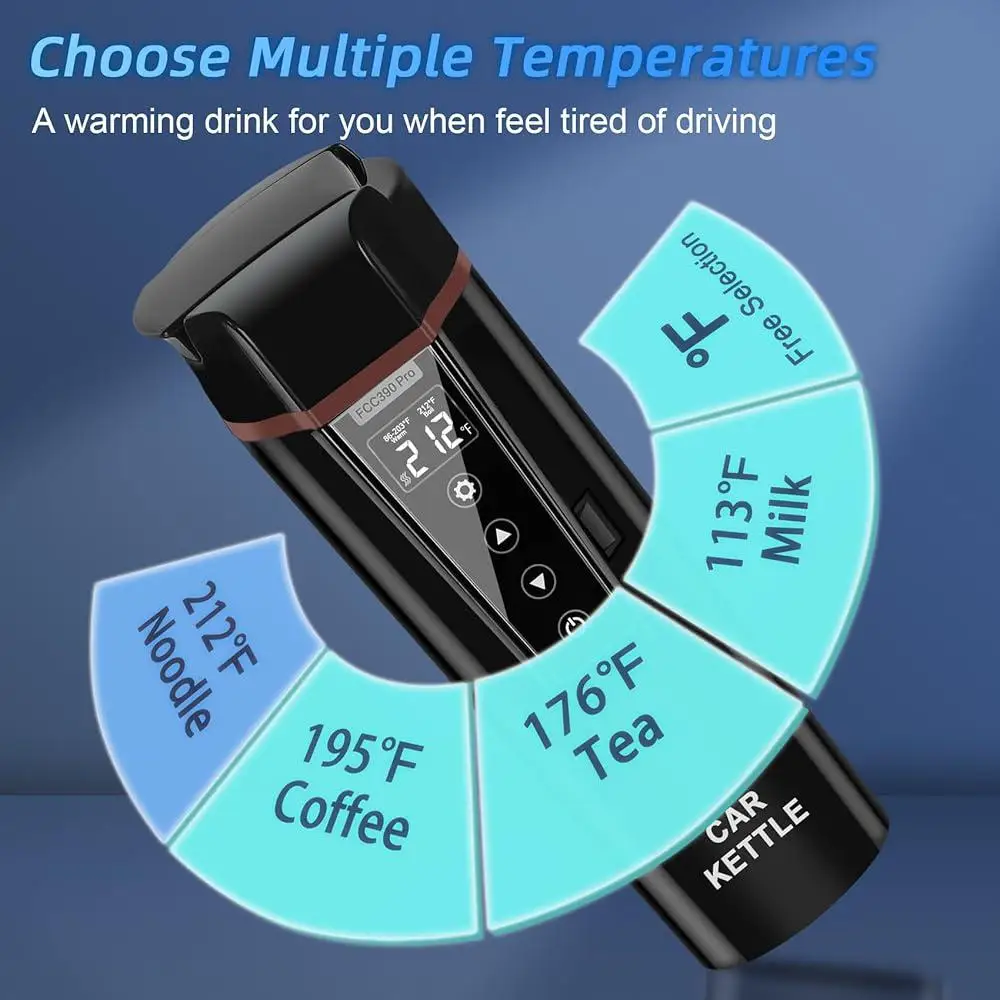 12V 24V Portable Electric Kettle Water Boiler Car Travel Mug Multiple Temperature Control Digital Display Safe Heating Cup