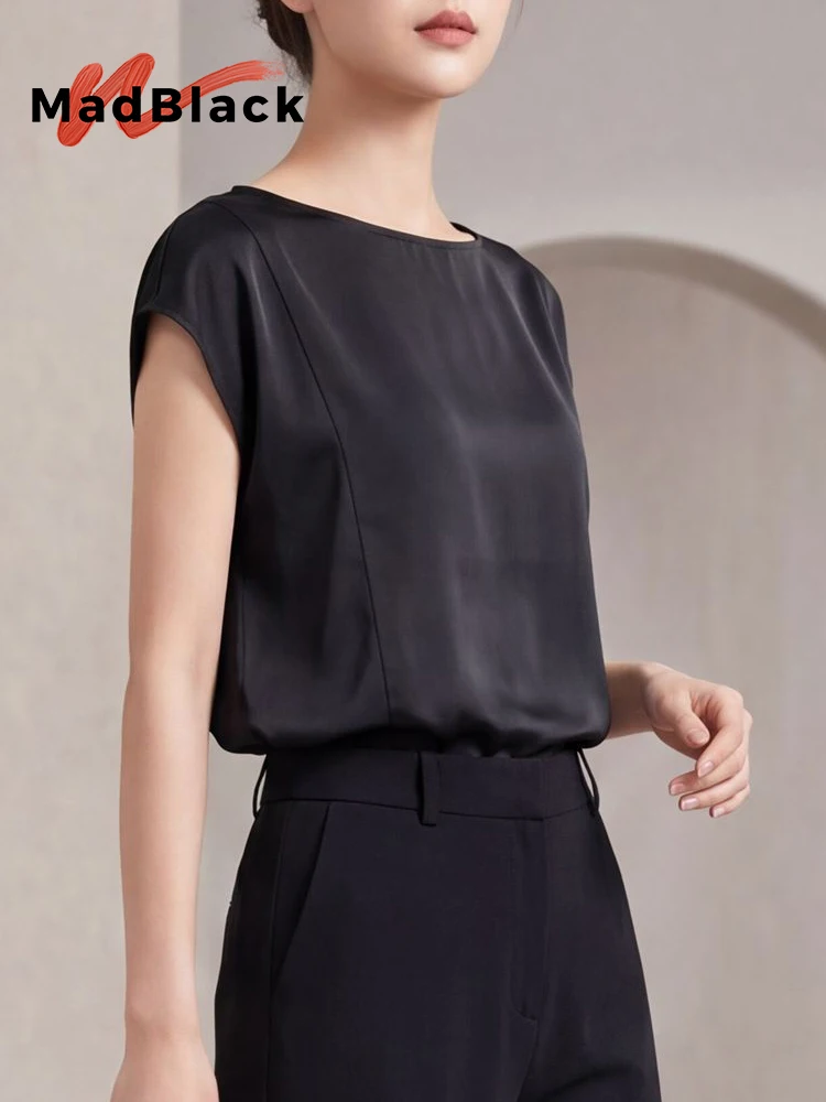 MadBlack-23MM 93%Silk 7%Spandex Elegant T-Shirt, O Neck Short Sleeve Solid, Women Simplicity Thin Top, 2026 Summer New T66482CC
