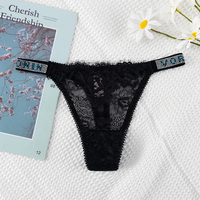 Women Underwear Thongs Women Sexy Double Rhinestone Sexy Thong Female Silky Light Breathable Lace T Pants Female Briefs Panties