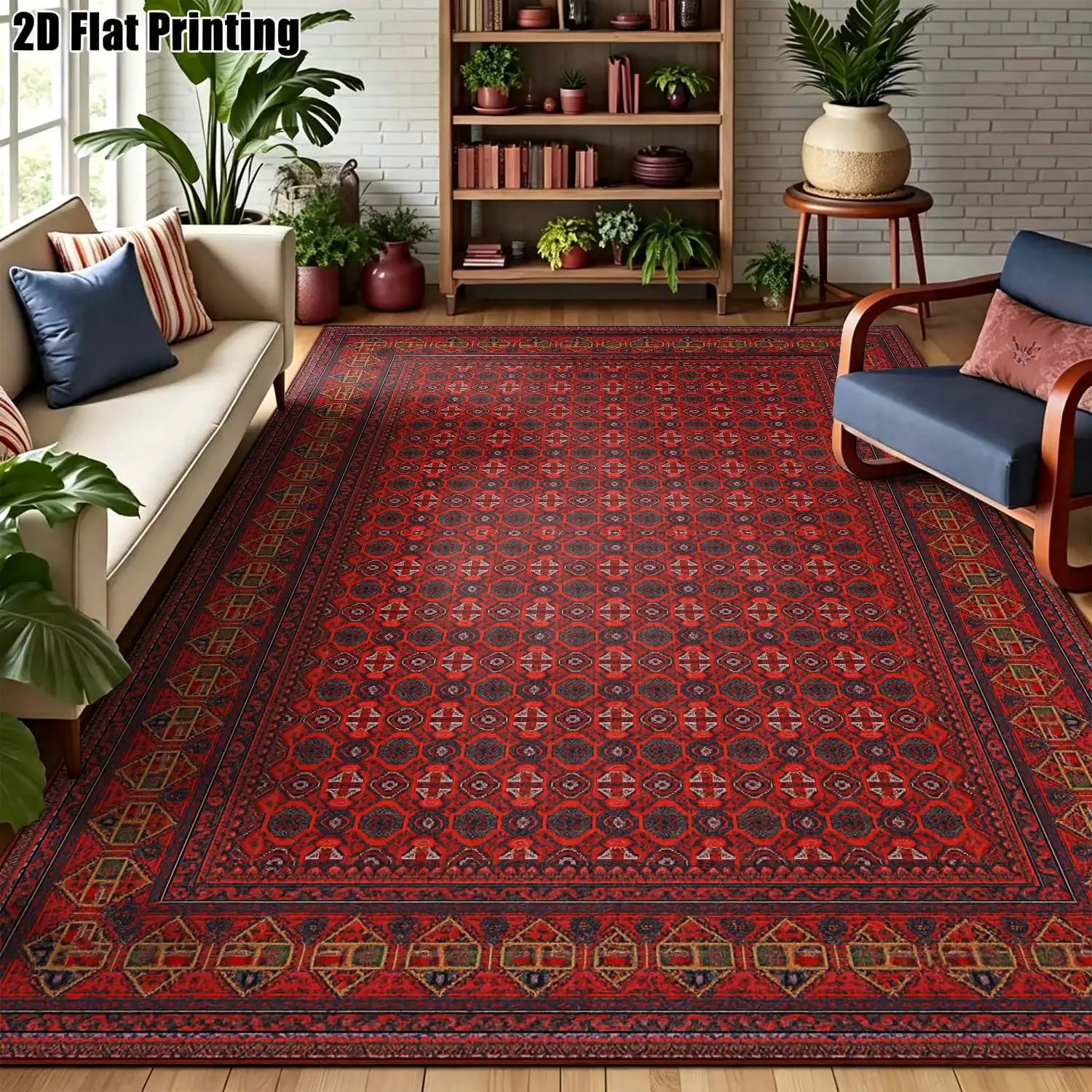 1Pc 2D Printed Carpet: Red Geometric, European Vintage, Bohemian Striped, Machine Washable, Multi-Size, Ideal for Home Decor Rooms Like Living Room, Bedroom, Dining Room, Entryway, Study