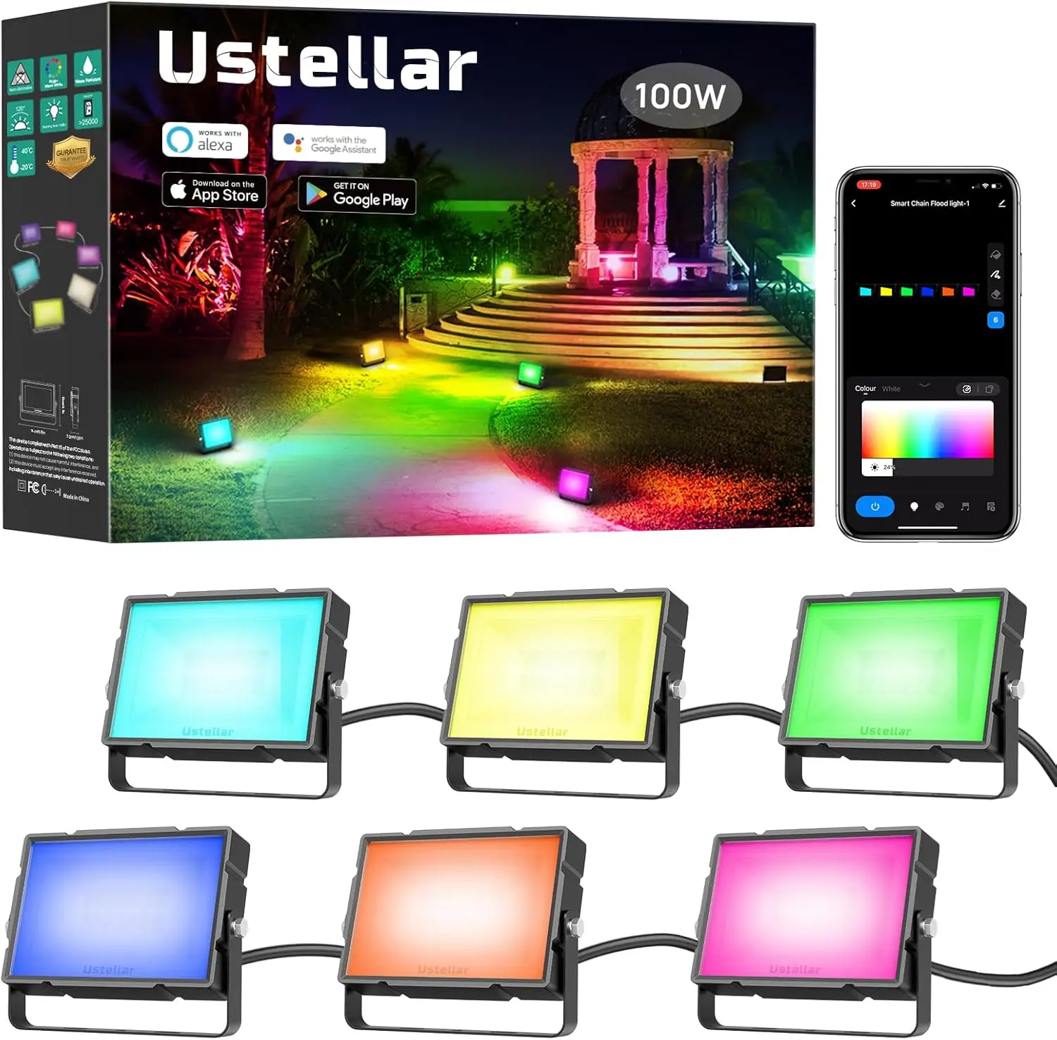 Ustellar Rgbw Flood Light Outdoor, Smart Wifi Outdoor Color Changing Landscape Lights + Warm White, Ip66 100W Total App