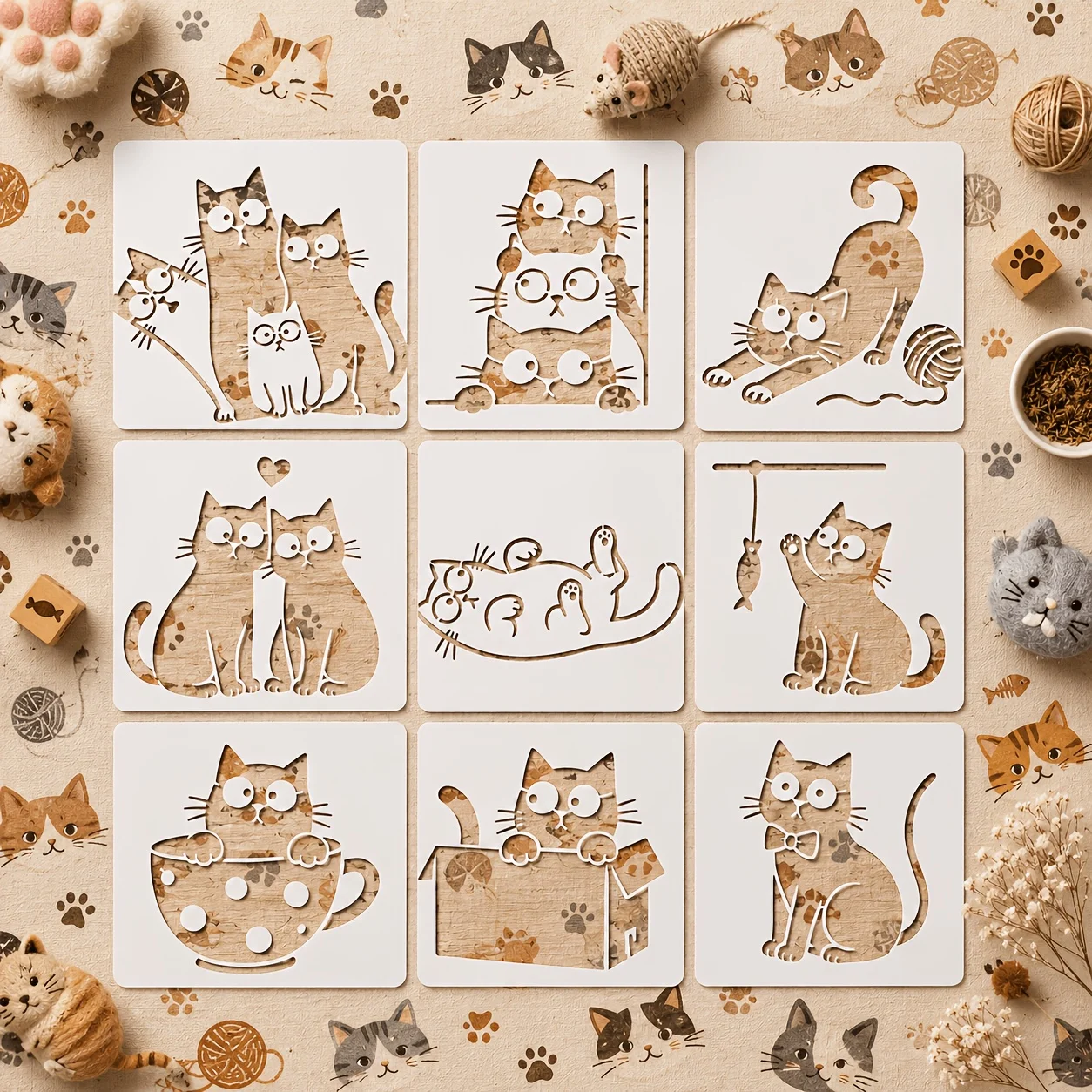 9Pcs Cute Cat Stencil Set, Reusable Washable PET Hollow Drawing Template for Journal Scrapbook DIY Art Craft Decoration