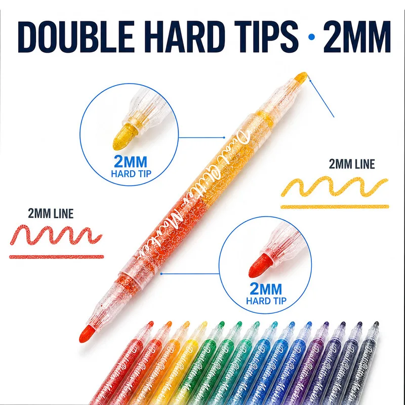 12PCS 24-color dual glitter markers with smooth ink. Each pen has two sparkly shades for shimmer art on all paper.