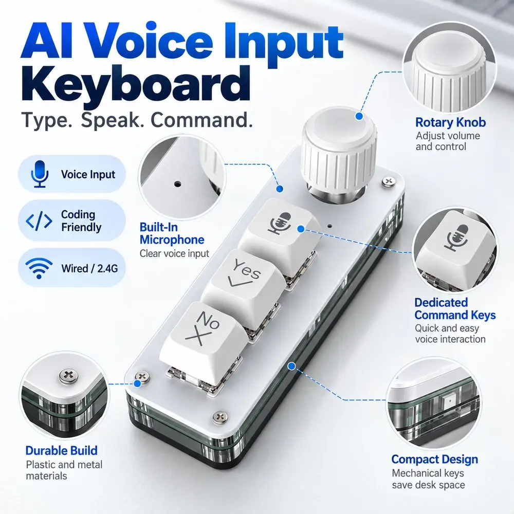 Built-In Microphone AI Voice Input Keyboard Voice Command Keys Vibe Coding Coding Keypad Wired/2.4G Connection Mini Voice Keypad