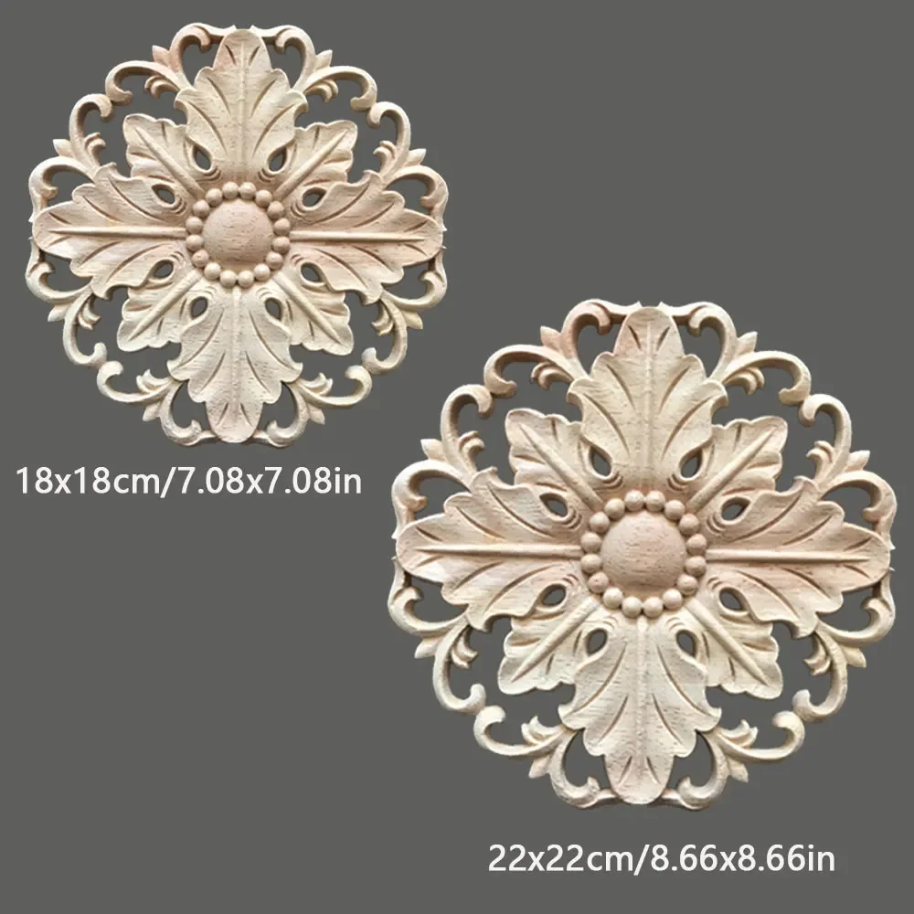 2Pcs Round Unpainted Appliques for Furniture Door Cabinet Retro Hollow Pattern Wood Carved Onlay Wall Bed Decal Pattern Decor