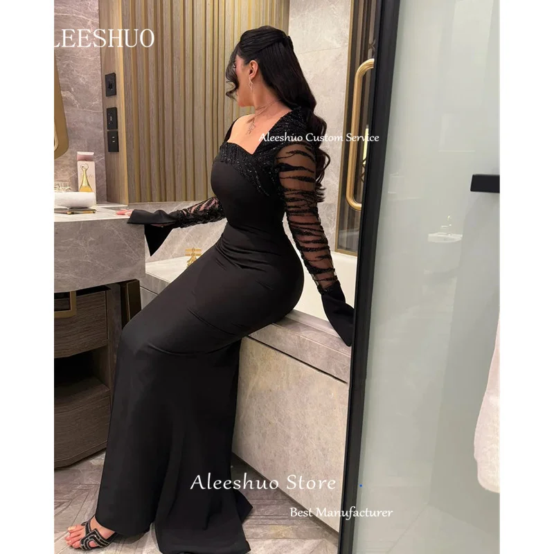 현대 검은 인어 새틴 댄스 파티 드레스 섹시한 Strapless Pleat 반짝 이는 파란색 된 Sequies 파티 드레스 긴 소매 2025 사용자 정의