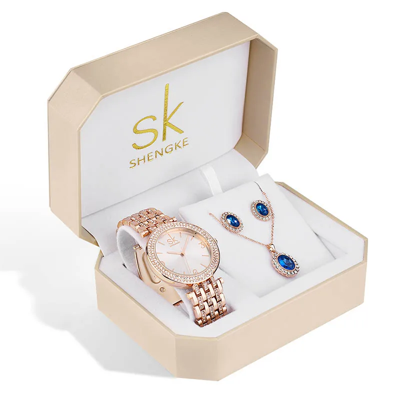 Shengke Luxury Crystal Earrings Necklace Women Watches Set Girl Clock Reloj Mujer 2021 SK Ladies Quartz Watch Gifts For Women