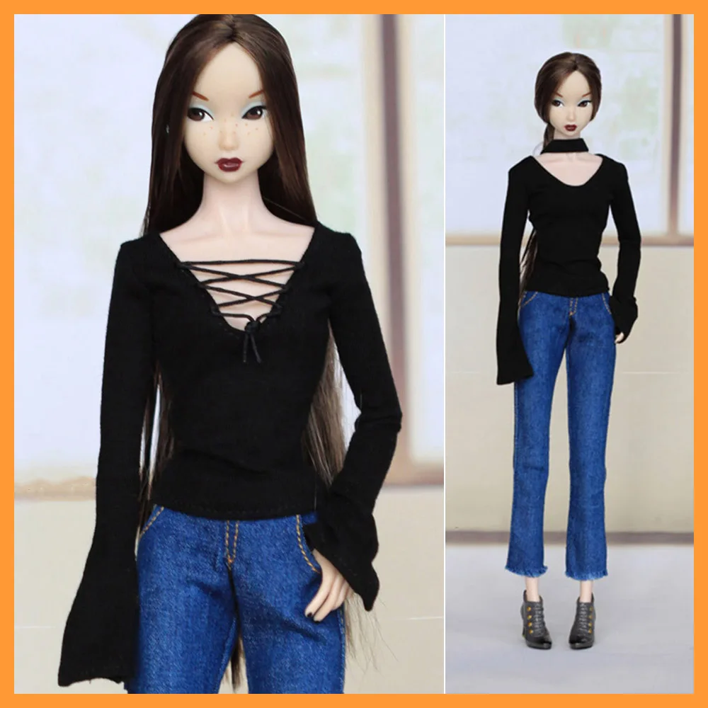 [Customized] 1/6 Female Black Neckline Large V-neck Flared Sleeve Top Bell-bottoms Jeans for Momoko OB FR Nippon PoppyParker Toy