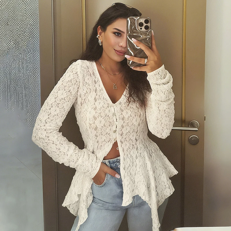 

Trendix Hollow Out Long Sleeve Tops Women Fashion Lace Patchwork Sexy Slim Cardigan Shirts 2025 Autumn Casual Elegant Coats Top