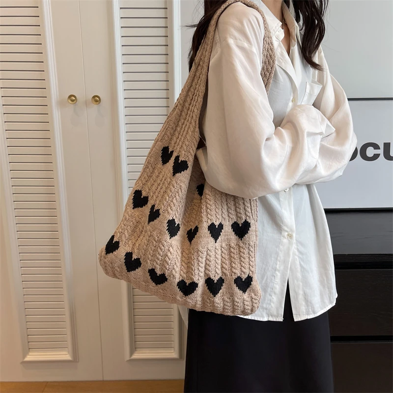 

Heart Knit Women's Bag Knitted Eco Bag Korean Fashion Shopping Y2K Crochet Rope Shoulder Bag Female Knitting Handbag Tote Bags