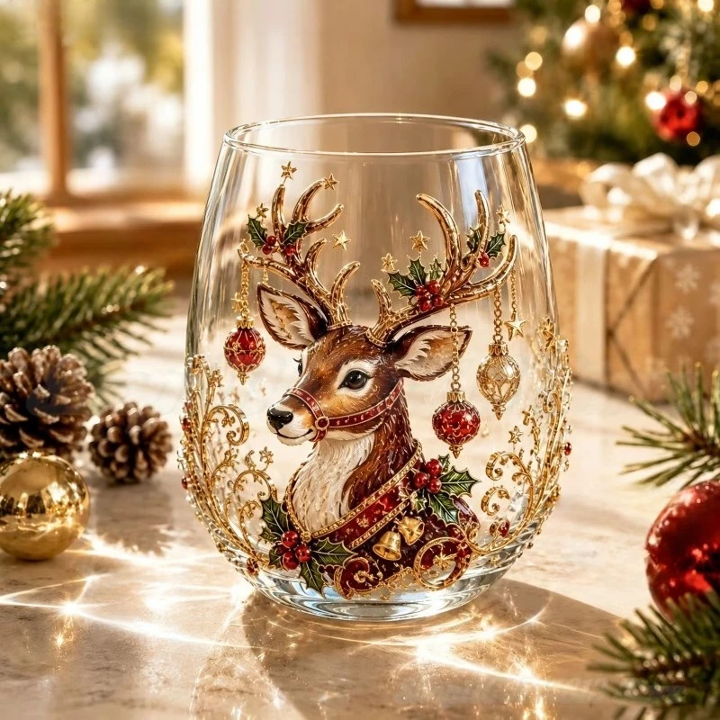 3D Raised Santa Claus Stemless Wine Glass, Christmas Art Drinking Cup, Holiday Glassware for Home Decor & Xmas Gift