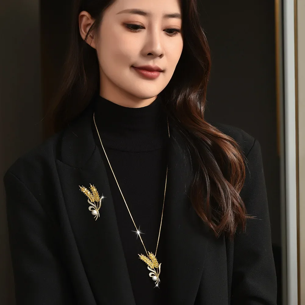 2025 Новая осенне-зимняя цепочка для свитера с золотыми пшеничными ушками, элегантное и благородное длинное ожерелье с длинными ушками, одна пара двух корсажей.