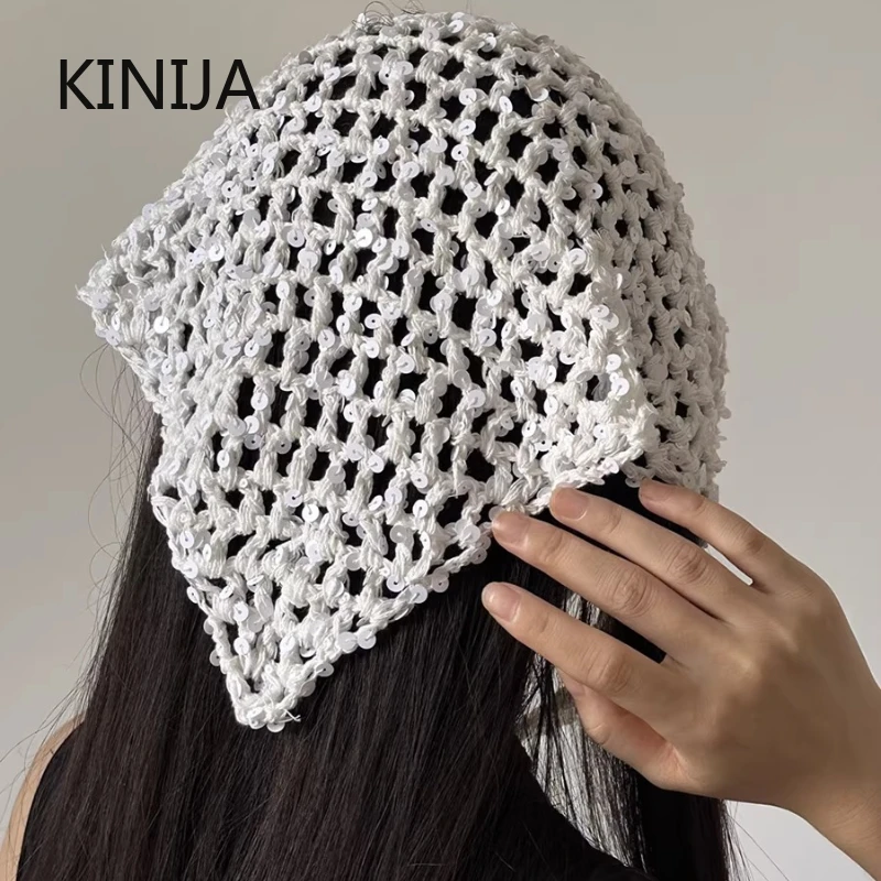 Ins Style Sequined Hollow Knitted Triangle Scarf Women Summer Travel Photo Atmosphere Versatile Casual Y2K Beanies Headband - view 3