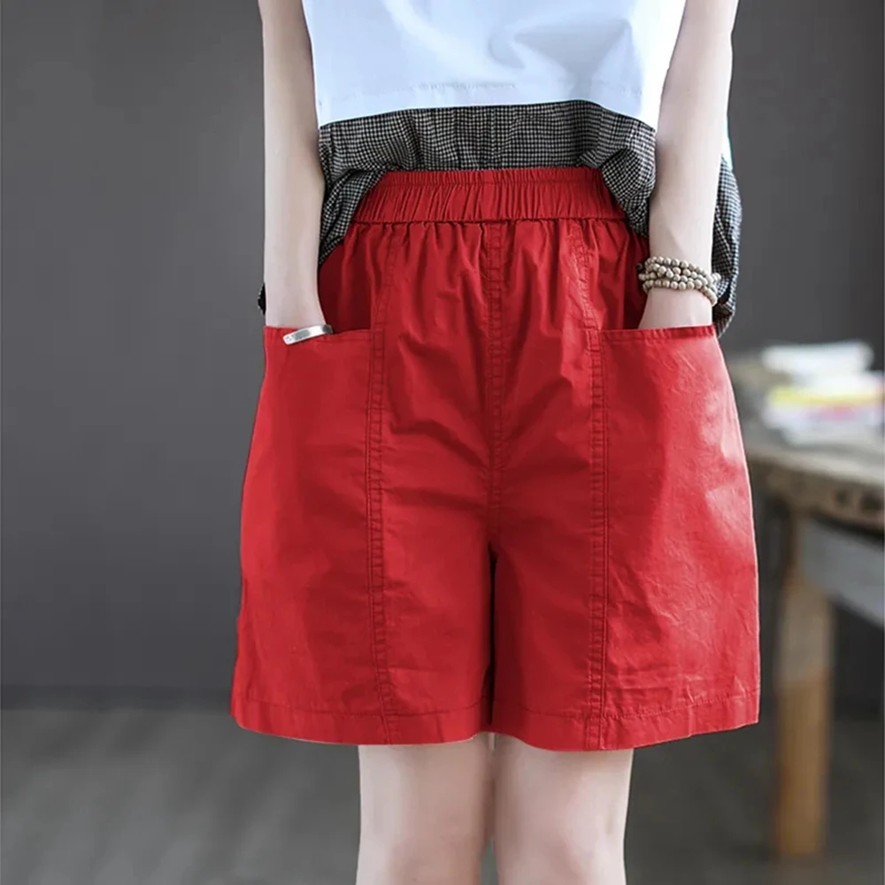 100% Cotton Womens Shorts for Summer Thin Elastic Waist Loose Women Shorts Khaki Black White Casual Short Pants with Pockets