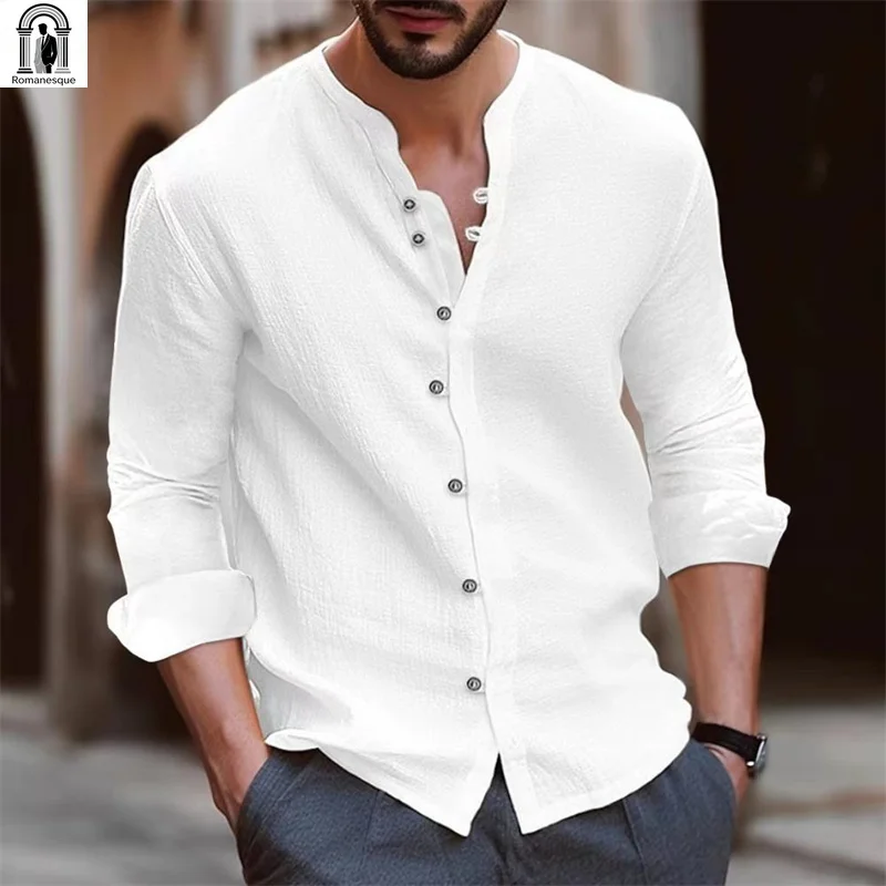 Men's shirts, stand-up collar shirts, fashionable and casual slim fit, solid color men's tops, outdoor shopping clothing S-3XL