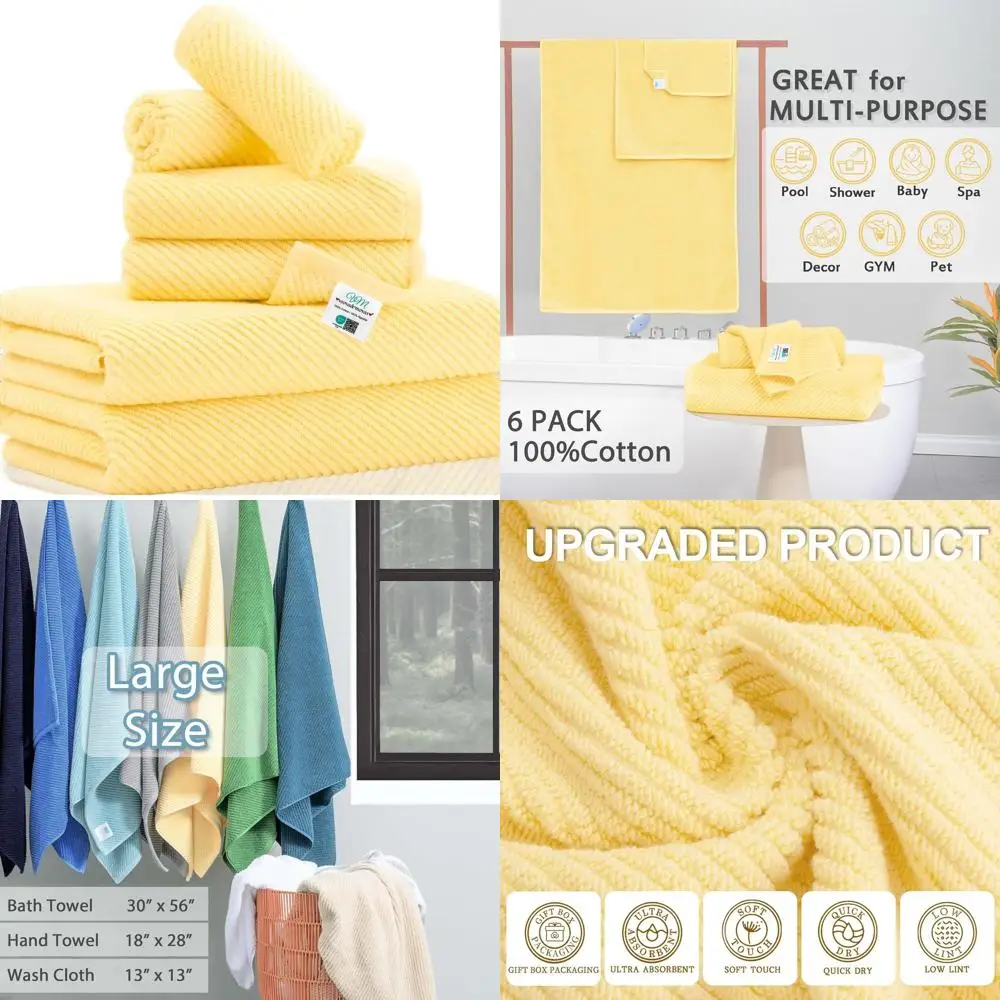 Juego de toallas de algodón de 6 piezas amarillo limón: 2 baños, 2 manos, 2 toallitas - Secado rápido, ligero, grueso y suave