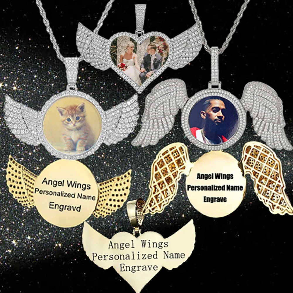 Angel Wings Medallions Custom Photo Pendant Necklace Hip Hop Jewelry Iced Out Pendant Free Custom Engraved Name Memory Gift Men