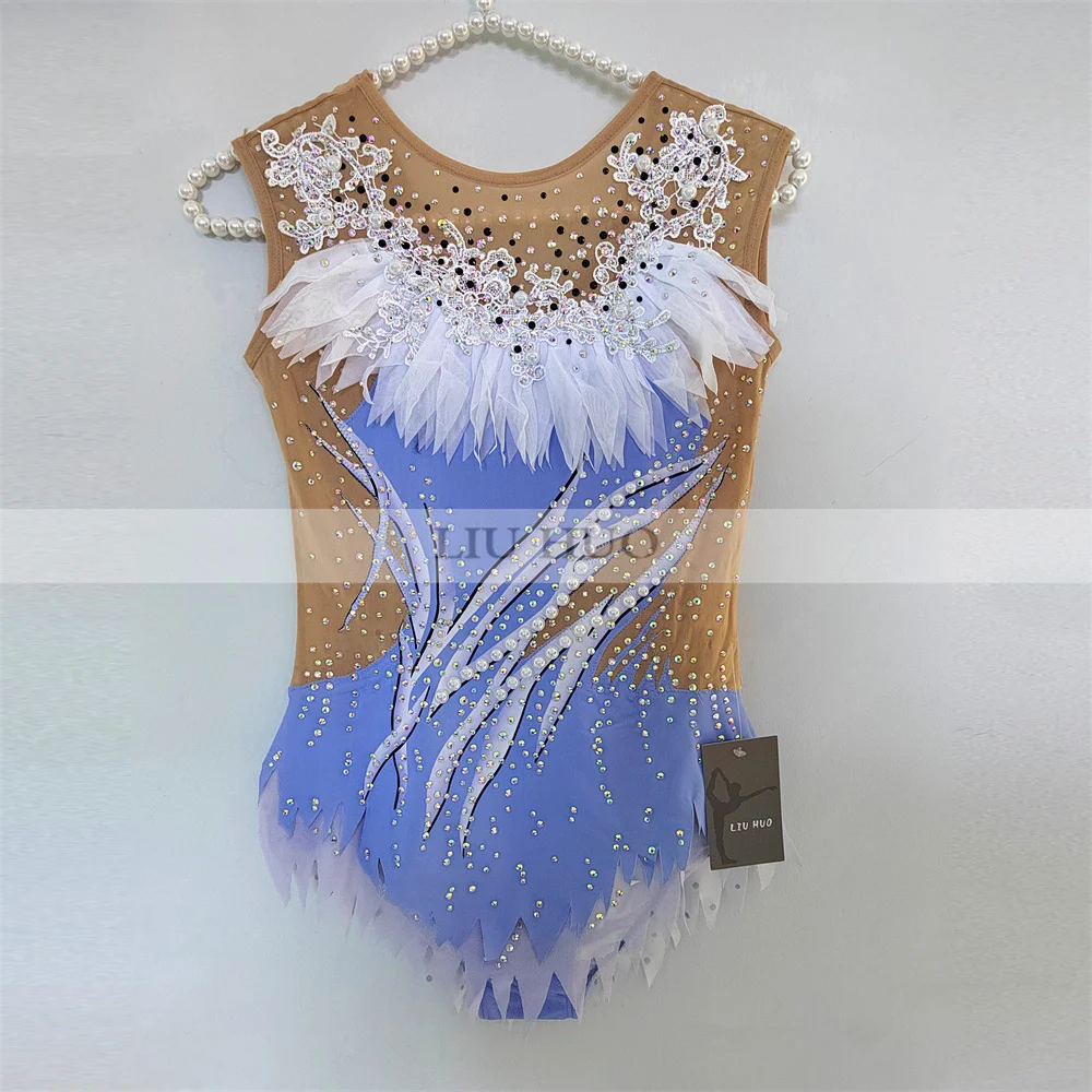 LIUHUO Rhythmic Gymnastics Leotard Customize Women Girl Teens Costume Performance Competition Skating Dress Sleeveless Blue