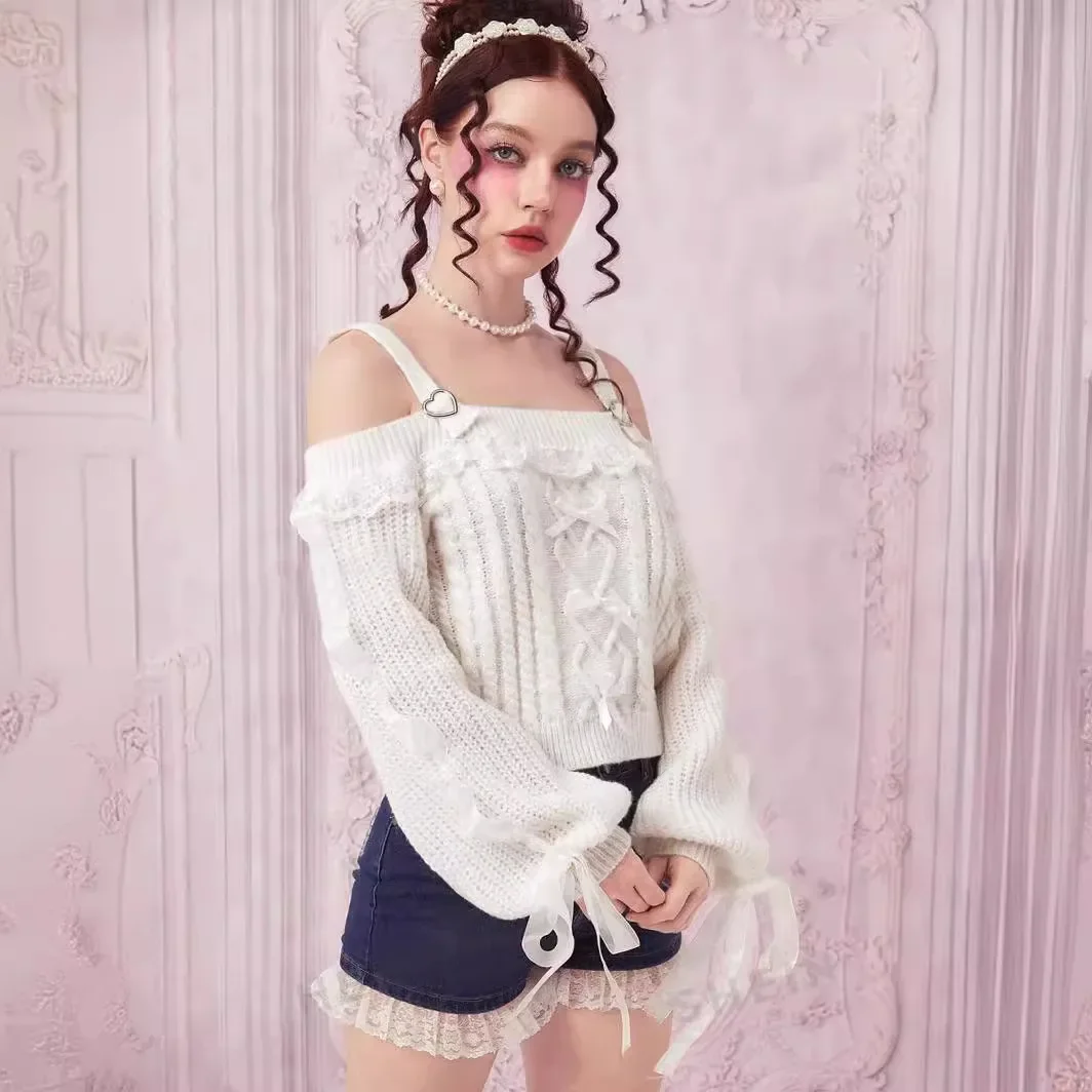 

Vintage Sweet Lolita Style Knitted Pullover Autumn Girls Cute Off Shoulder Lace Ruffles Bow Sweater Women Harajuku Knitwear Tops