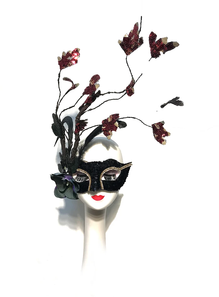 블랙 스팽글 레이스 깃털 마스크 소녀 할로윈 크리스마스 파티 공 꽃 가지 액세서리 여성 우아한 공주 마스크