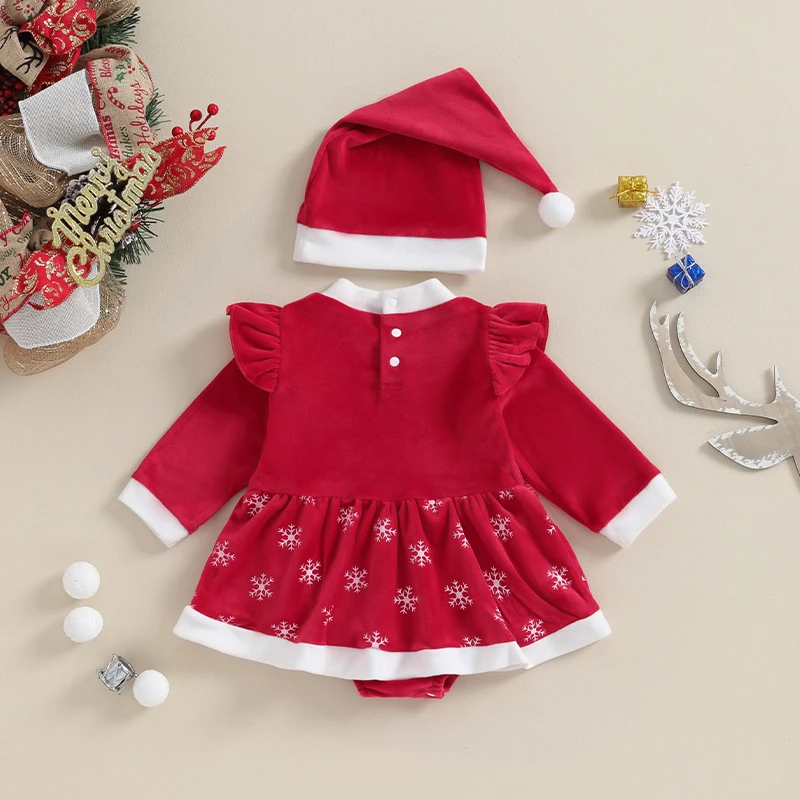 EWODOS Newborn Baby Girls Cute Christmas Outfit Long Sleeve Crew Neck Snow Patchwork Bodysuit Dress with Hat Kids New Year Suits