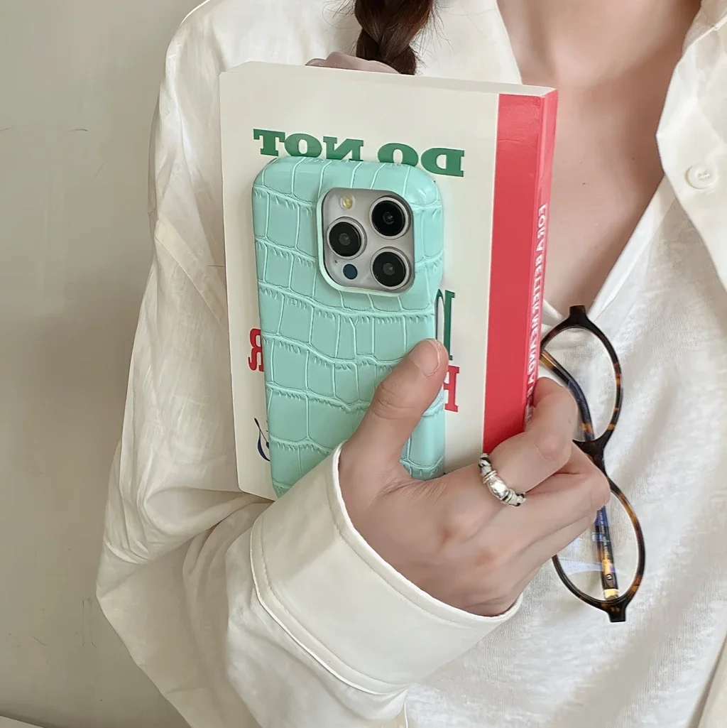 Fashion Simplicity Solid Color Crocodile Skin Pattern Shockproof Protective Phone Cover Case for iPhone 16 15 14 13 Pro Max image 5