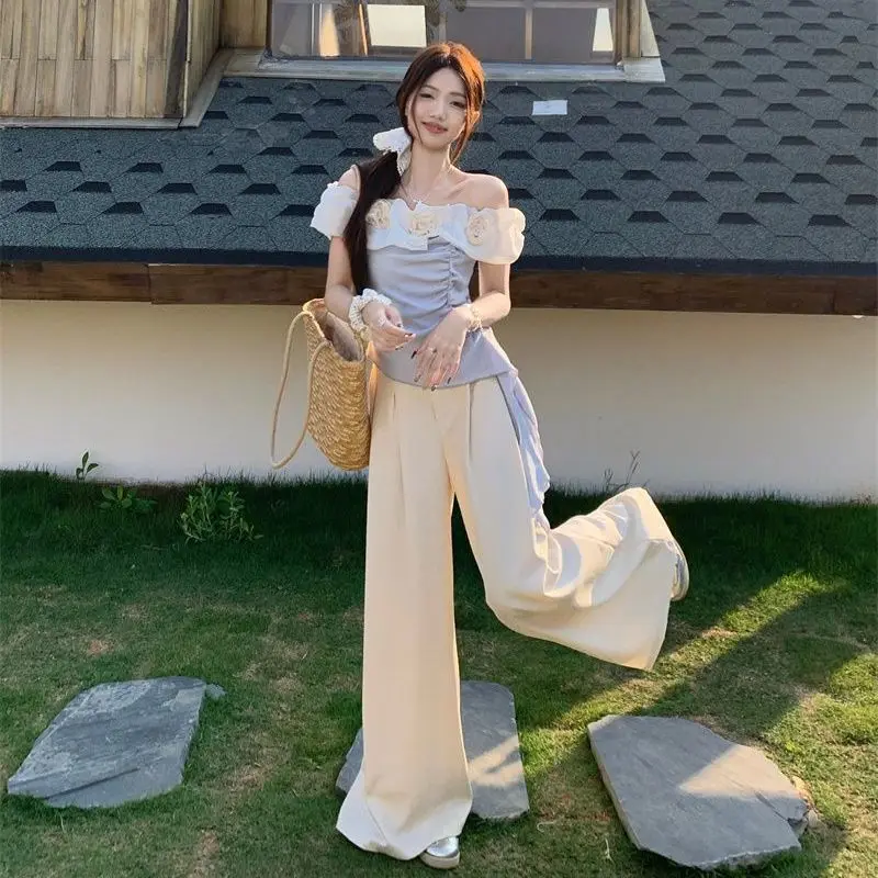 

New Irregular T-shirt Summer Pure Desire Flower One-word Shoulder Slim and Thin Pleated Top Casual Wide-leg Pants Two-piece Set