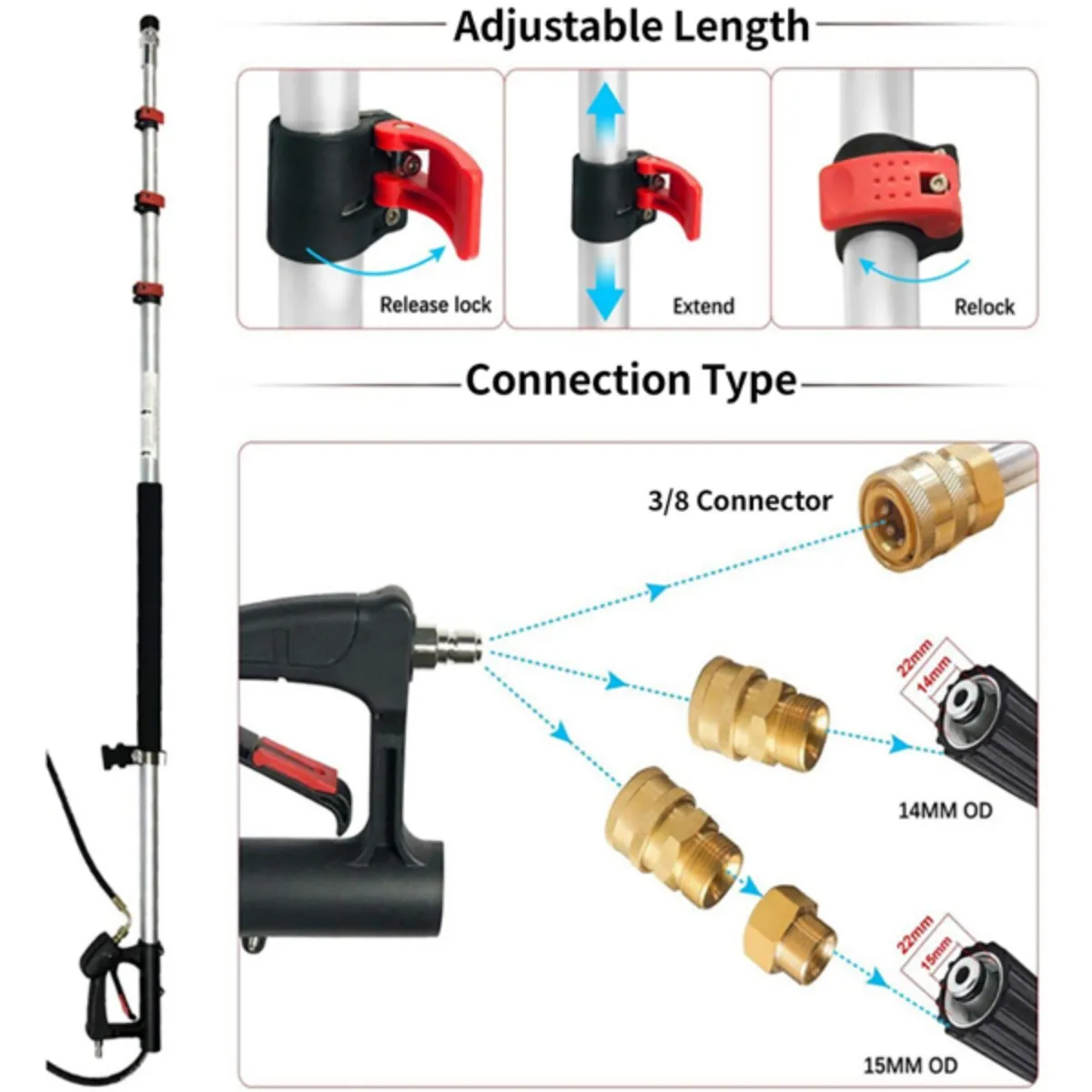 5피트에서 24피트까지 고압 세척기 텔레스코픽 건 4000 PSI 3/8" 퀵 릴리즈 피팅 고압 세척기 연장 막대