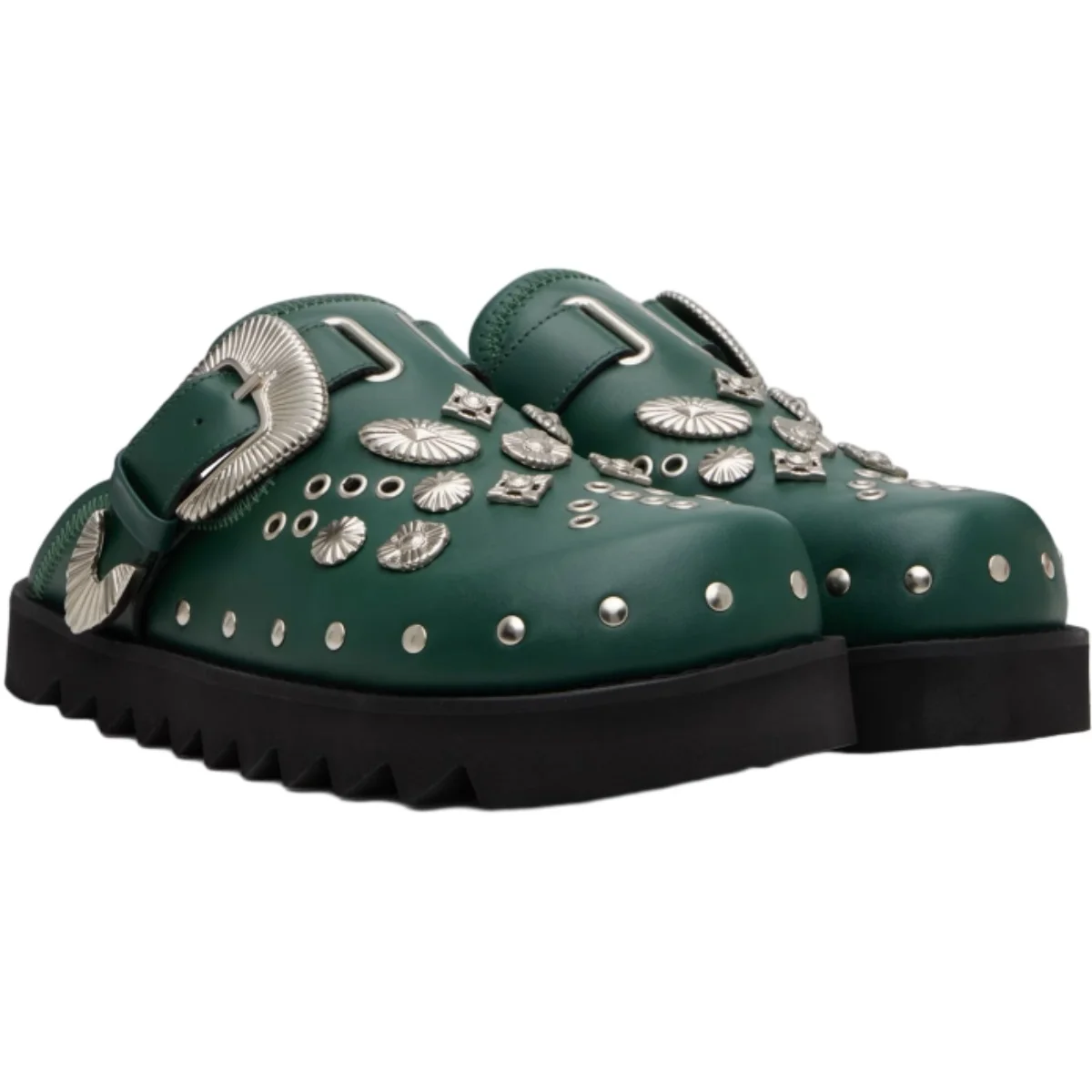 Leather Backless Mules Slip On Flats Unique Metal Studs Buckle Chunky Platform for Comfort Stylish Casual Shoes Spring Autumn
