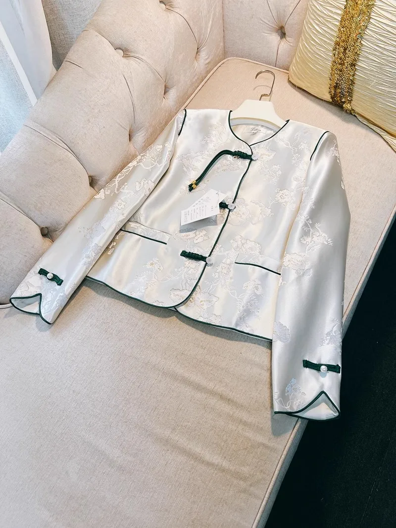 Lingzhi Wu Chinese Style Noble Elegant Ladies Top Quality Satin Jacquard Coat Spring Autumn Female Fashion Outerwear New Arrival