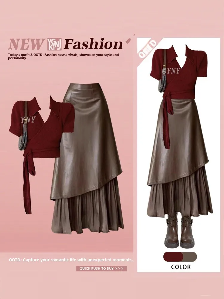 Retro Hong Kong Sle Simple Deep Red Collared ort Sve T-irt And Asymmetrical  Skirt Two-Piece Set Faionable Wom...