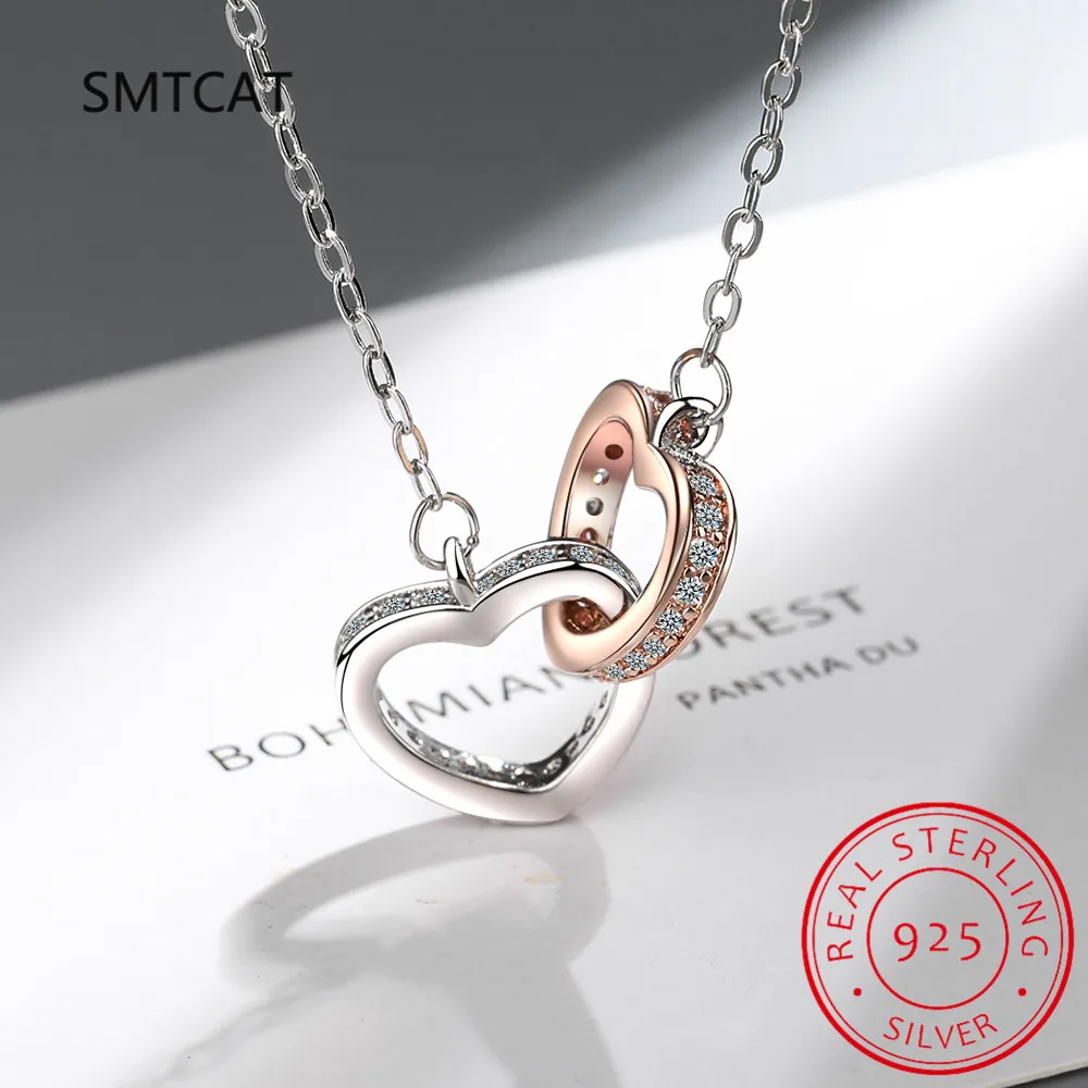 Fashion 925 Sterling Silver Necklace Pendant Rose Gold Double Heart Crystal Pendant For Women Korean Jewelry With Chain Gift