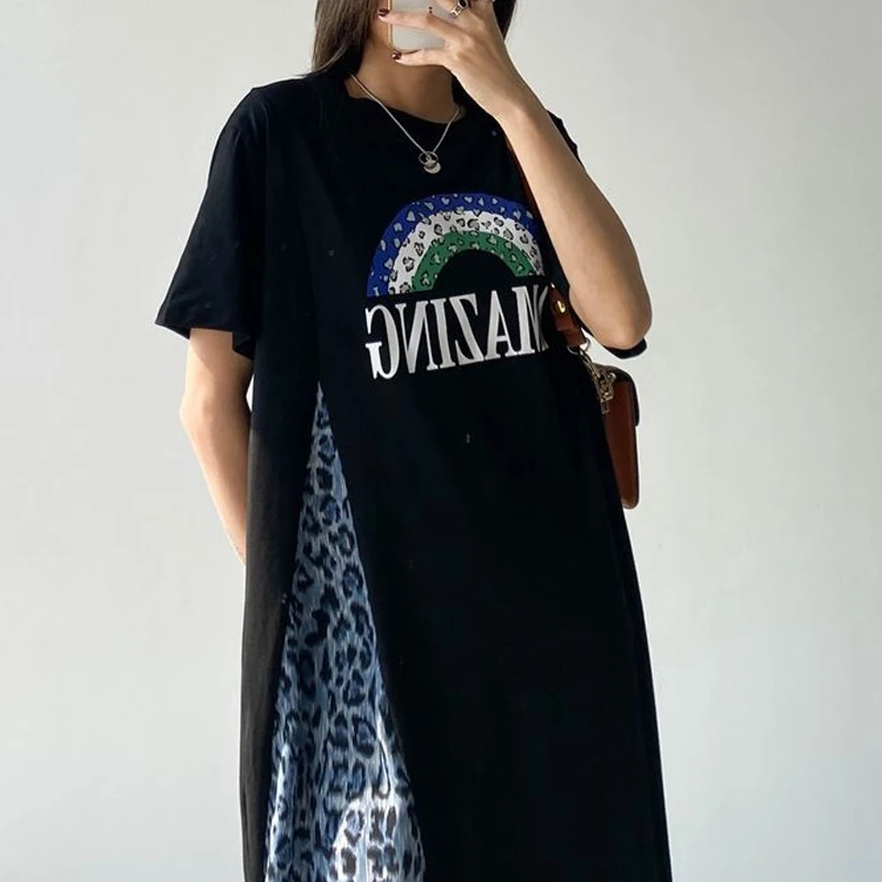 Robe t-shirt à manches courtes et col rond pour femmes, robes décontractées Y2K, patchwork léopard, impression Asells, mode estivale, nouveau