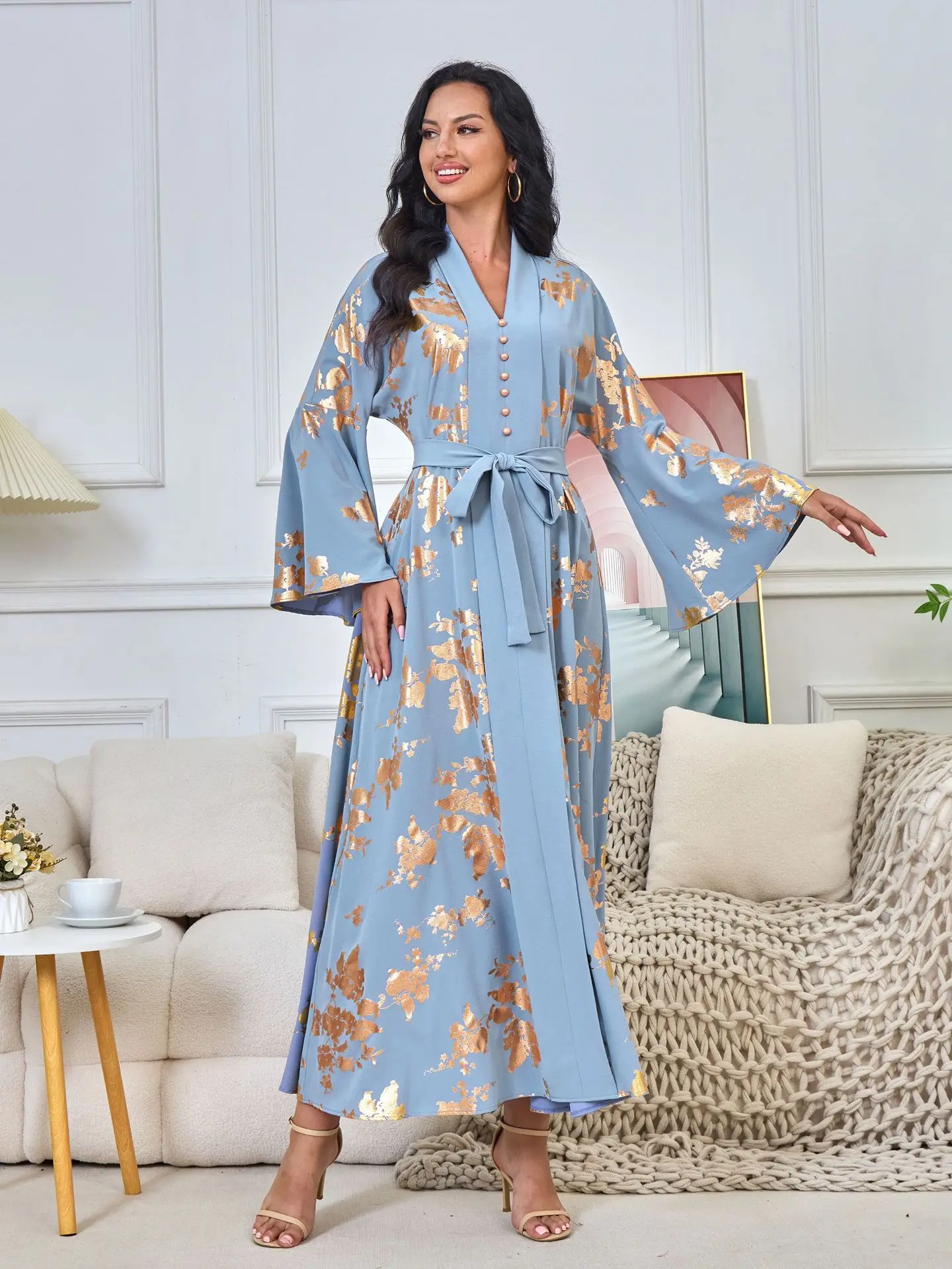 Eid Muslim Party Dress for Women V Neck Vestidos Ramadan Abaya Long Dress Morocco Vestidos Largos Dubai Robe Jalabiya 2024