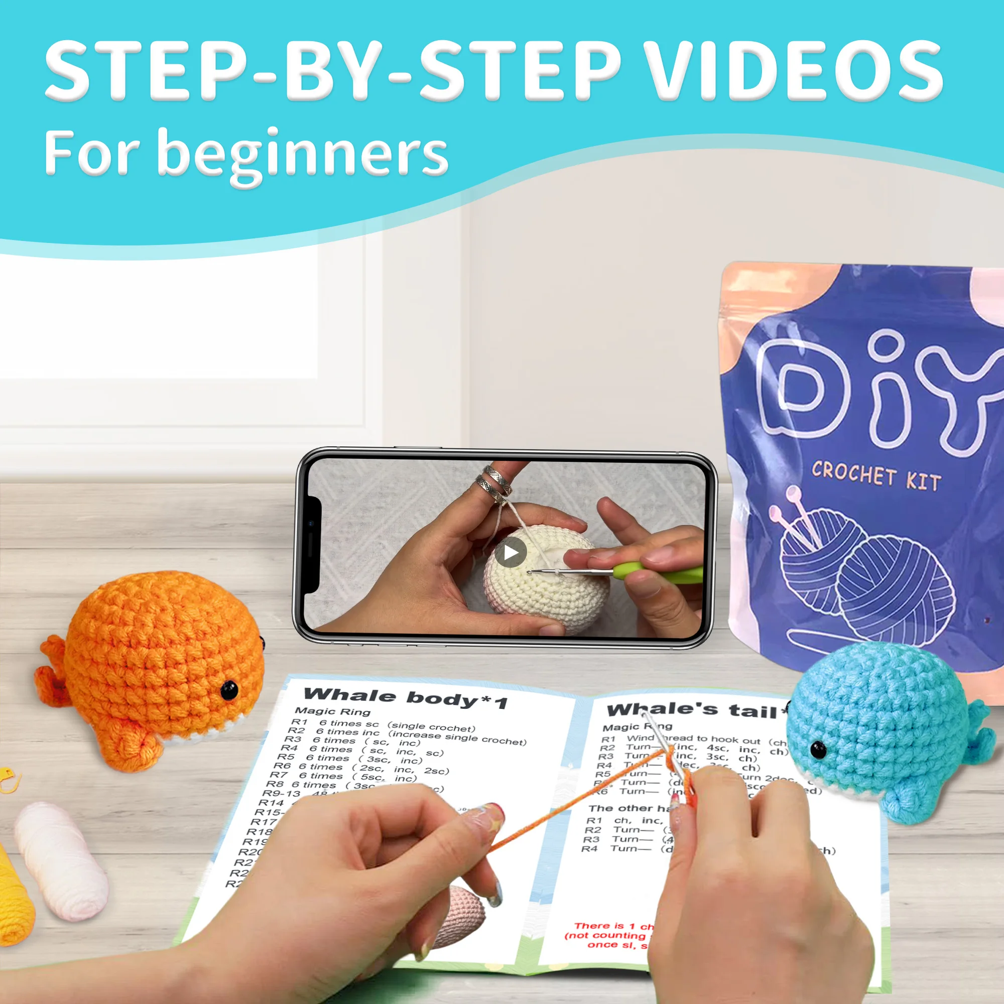 2pcs Tiny Whales Beginner DIY Chestnut Potted Plant Crochet Kit, Material Pack with Premium Yarn & Step‑by‑Step Tutorial Video