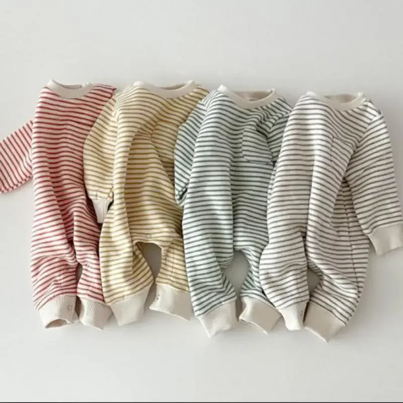 Newborn Baby Striped Romper Spring Infant Boys Girls Casual Jumpsuit Toddler Kids Fleece One-piece Babies Warm Winter Clothes