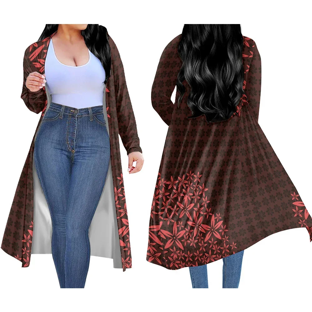 

Fall Polynesian Tribal Clothing Islander Samoan Tonga Hawaiian Tapa Flower Print Long Kimono Cardigan Women's Casual Coat POD