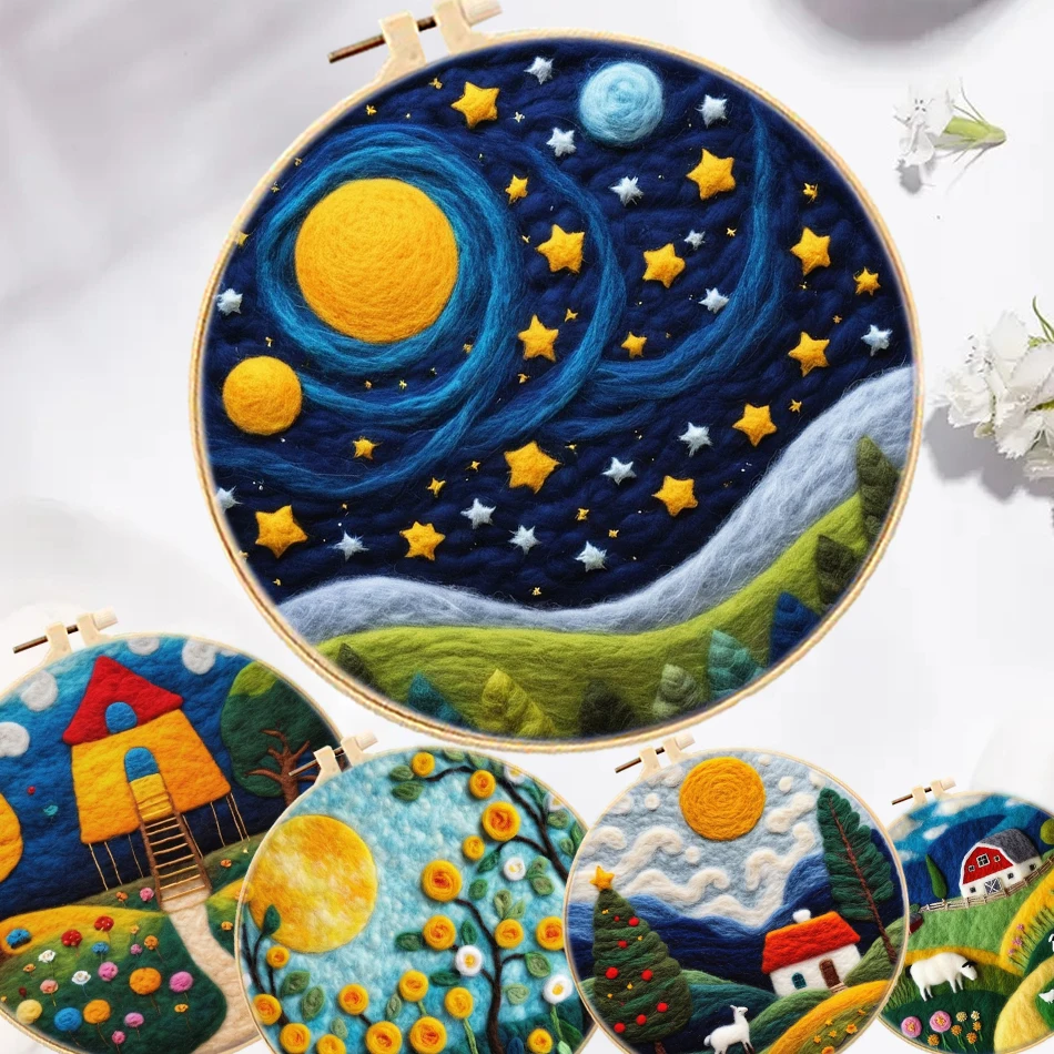 

GATYZTORY 20x20cm Frame Needle Felt Wool Painting For Beginners Landscape Picture Diy Felt Painting Wool Needle Felting Kit